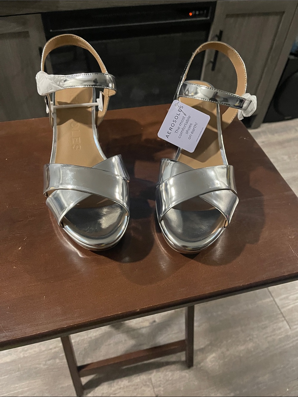 AEROSOLES Silver Crisscross Ankle Strap Sandals